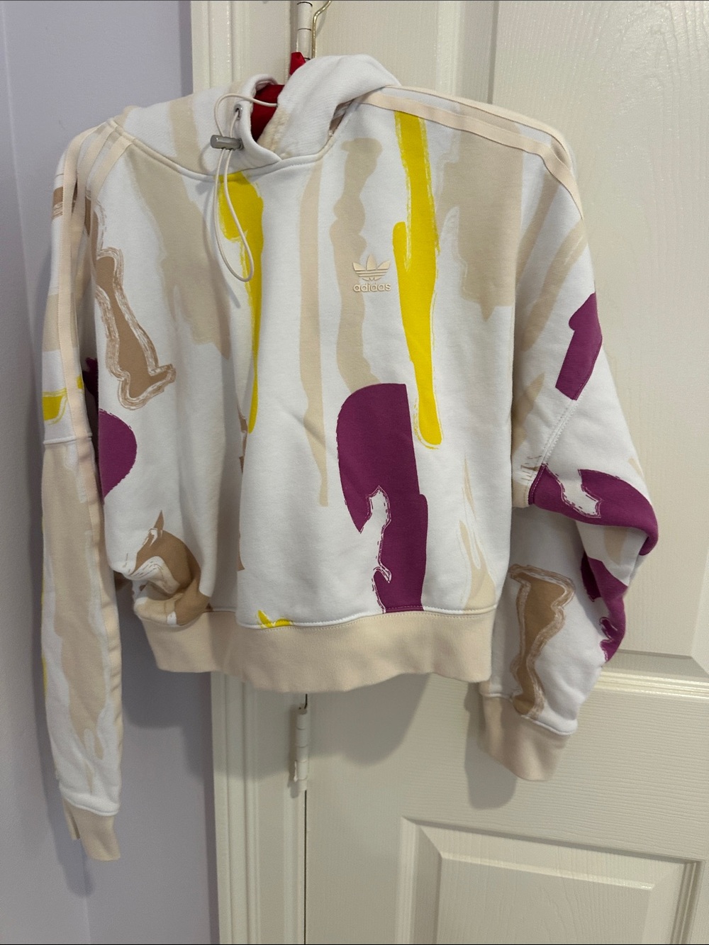 adidas White Hoodie Sweatshirt with Purple and Yellow Abstract Print